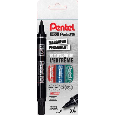 3474374075006-Pentel PEN N50 - Pack de 4 marqueurs permanents - pointe ogive - noir, bleu, rouge et vert--0