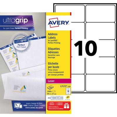 3266550260104-Avery - 1000 Étiquettes adresse blanches - 99,1 x 57 mm - Impression laser - réf L7173-100--0