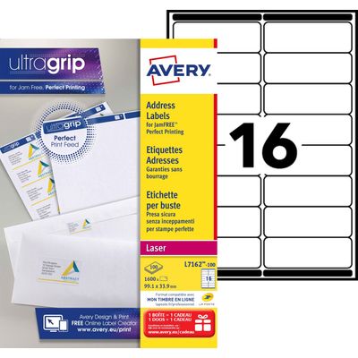 3266550260166-Avery - 1600 Étiquettes adresse blanches - 99,1 x 33,9 mm - Impression laser - réf L7162-100--0