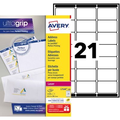 3266550260210-Avery - 2100 Étiquettes adresse blanches - 63,5 x 38,1 mm - Impression laser - réf L7160-100--0