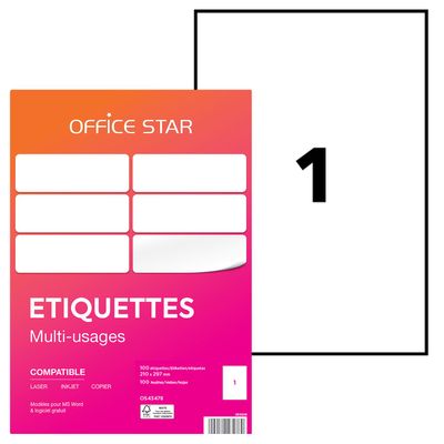 4004182434789-Office Star - 100 Étiquettes multi-usages blanches - 210 x 297 mm - réf OS43478--0