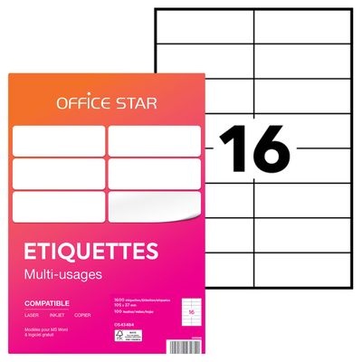 4004182434840-Office Star - 1600 Étiquettes multi-usages blanches - 105 x 37 mm - réf OS43484--0