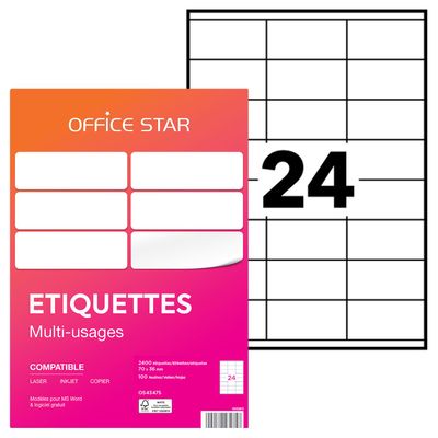 4004182434758-Office Star - 2400 Étiquettes multi-usages blanches - 70 x 36 mm - réf OS43475--0