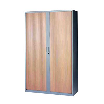 3700339871582-Armoire haute à rideaux - L120  x H198 x P43 cm - 4 tablettes - corps silver / porte hêtre--0