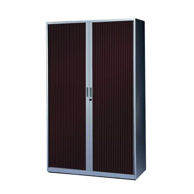 3700339871605-Armoire haute à rideaux - L120  x H198 x P43 cm - 4 tablettes - corps silver / porte wengé--0