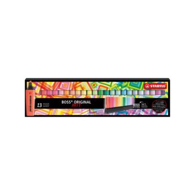 4006381577847-STABILO BOSS ORIGINAL ARTY - surligneur - bleu fluorescent, orange fluorescent, rouge fluo, jaune fluorescent, vert fluorescent, rose fluorescent, lilas fluorescent, lavande fluorescent, turquoise fluorescent, touche pastel de turquoi-Avant-