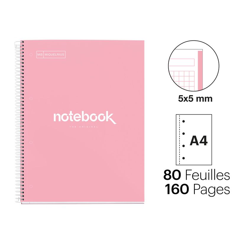 8422593460566-Notebook Emotions, couverture rigide, A4, quadrillage 5x5 mm, 80 feuilles de 1 couleur,Miquelrius, Rose--1