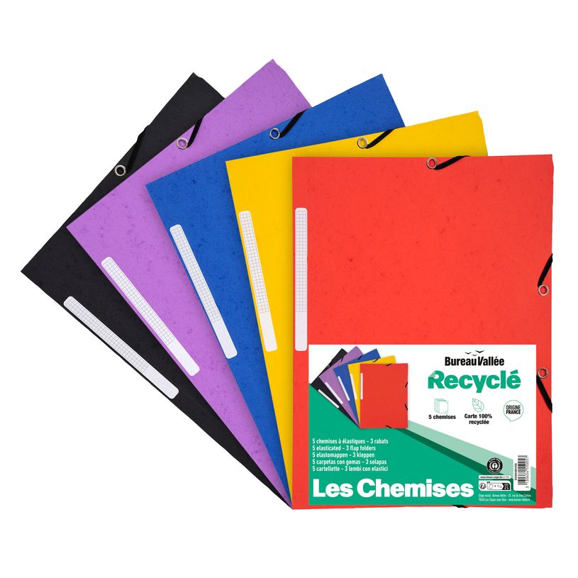 3130634550057-Bureau Vallée Recyclé - 5 Chemises à rabats recyclées - A4 - couleurs assorties-P_405116935_1-0