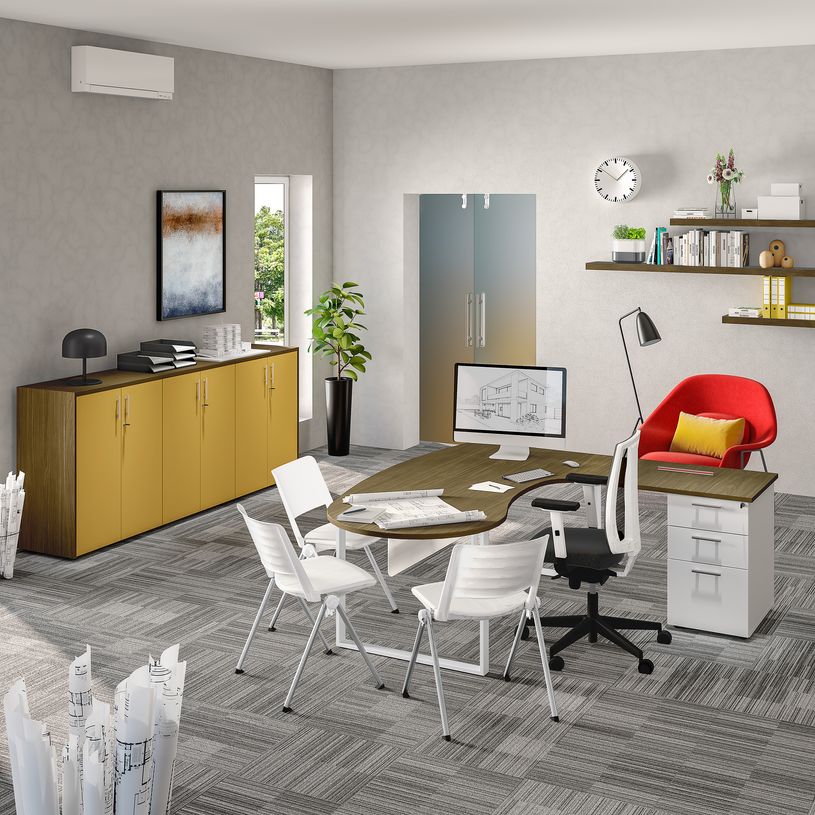 3253310418325-Bureau LOFTER Manager arrondi - retour à gauche - L200 cm - Plateau imitation noyer - Pied blanc (Pied de renfort obligat-P_405152106_2-1