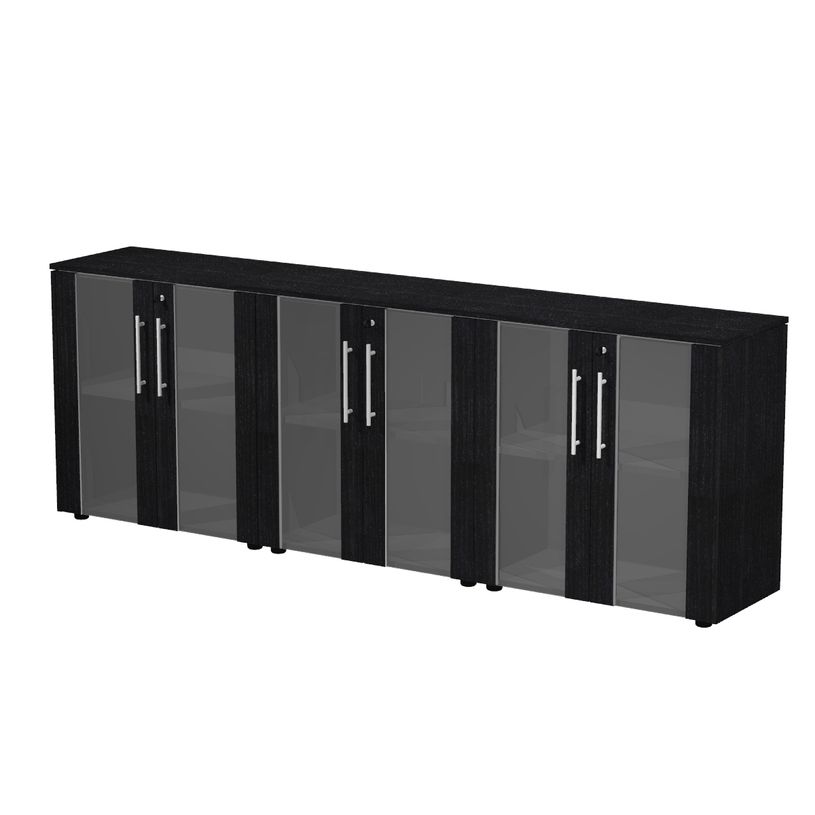 7331920003332-Armoire basse triple Flora - L243xP43xH81,4 cm - 6 portes vitrées - 3 étagères - frêne-P_405154472_1-0