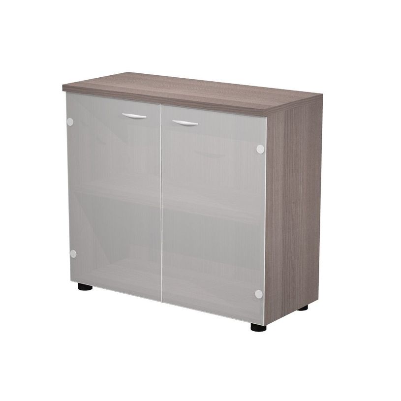 7331920002373-Bibliothèque basse Trend - L80xP35xH72 cm - 2 portes en verre dépoli - imitation frêne -P_405165847_1-0