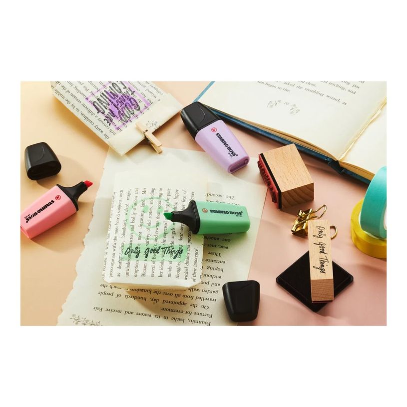 4006381616911-STABILO BOSS MINI Pastel - Surligneur - bleu nuageux, pêche crémeuse, goût léger de menthe, crème de jaune, brosse rose - encre-P_405240032_4-1