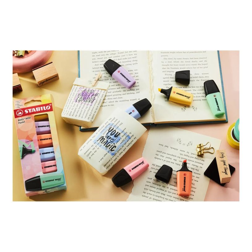 4006381616911-STABILO BOSS MINI Pastel - Surligneur - bleu nuageux, pêche crémeuse, goût léger de menthe, crème de jaune, brosse rose - encre-P_405240032_7-4