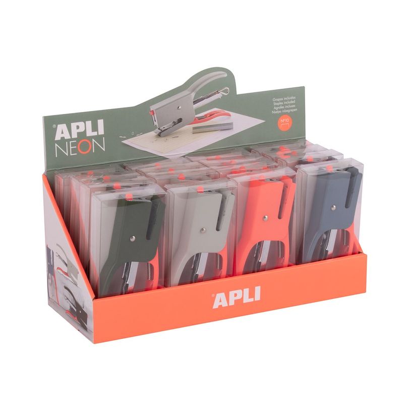8410782199281-APLI Neon - Agrafeuse - 12 feuilles - métal - bleu gris, gris, orange, vert foncé, orang-P_405243362_1-0