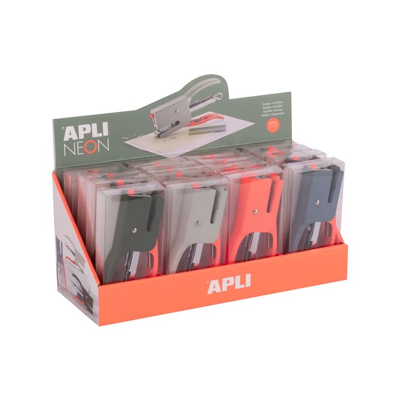 8410782199281-APLI Neon - Agrafeuse - 12 feuilles - métal - bleu gris, gris, orange, vert foncé, orang-P_405243362_2-1