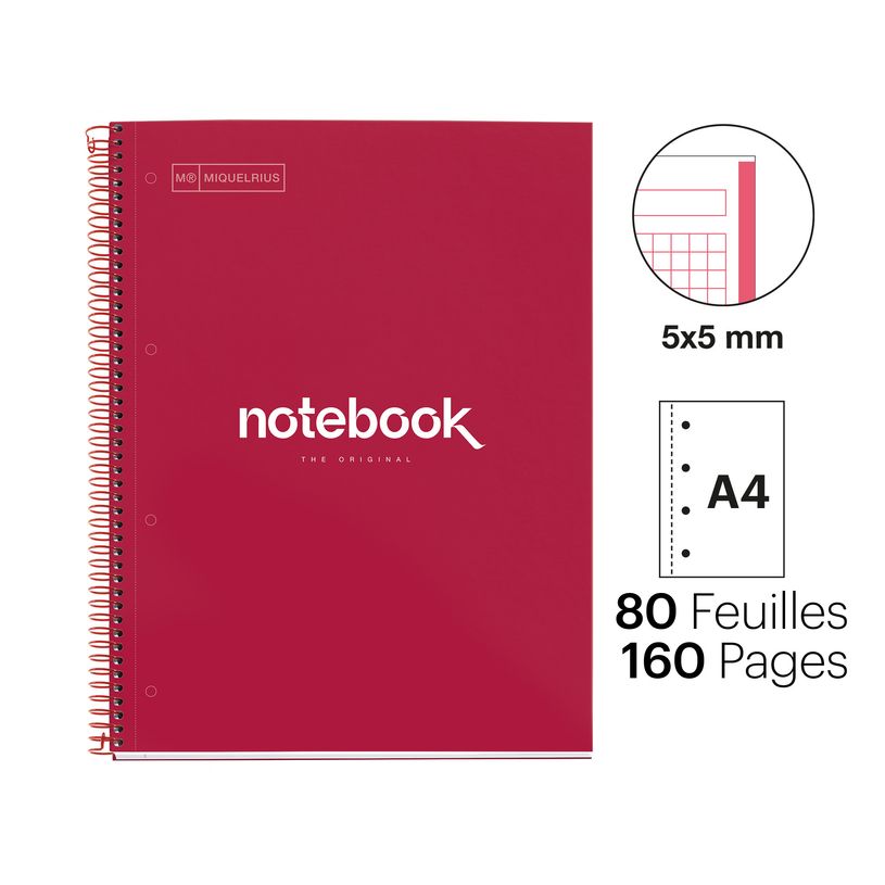 8422593460535-Notebook Emotions, couverture rigide, A4, quadrillage 5x5 mm, 80 feuilles de 1 couleur, Miquelrius, Rou--1