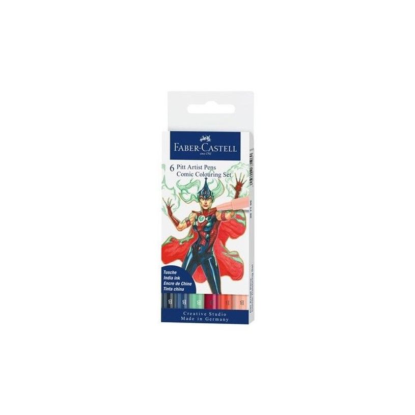 4005402671960-Faber-Castell PITT artist - Ensemble de stylo-brosse et crayon fin - bande dessinée - permanent - rouge écarlate, vert phtalo clair, indigo foncé, rouge-beige, bleu indanthrène, rose carmin --P_646912_1-0