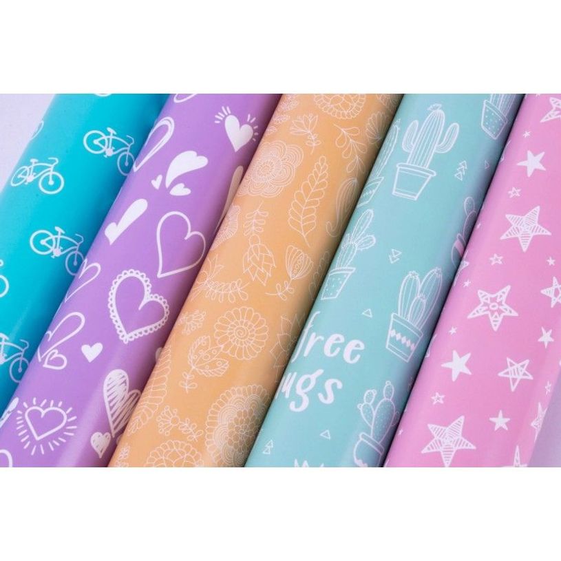 8410782186304-APLI kids Nordik Fun - Emballage cadeau - 70 cm x 2 m - 60 g/m² - turquoise bike, lilac hearts, aquamarine green, mustard flowers, pink sta-P_667315_1-0